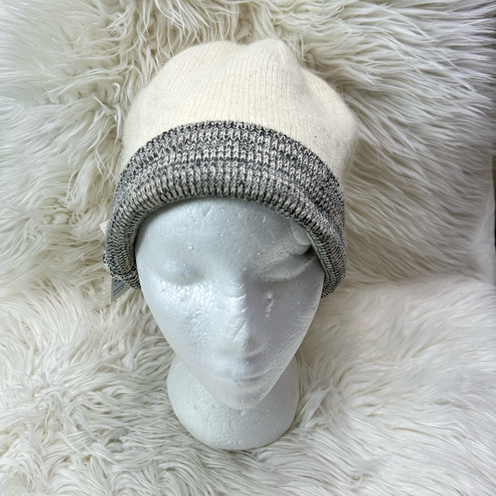 Freya 100% Wool Beanie | Cream & Gray Knit Winter Hat | NWT